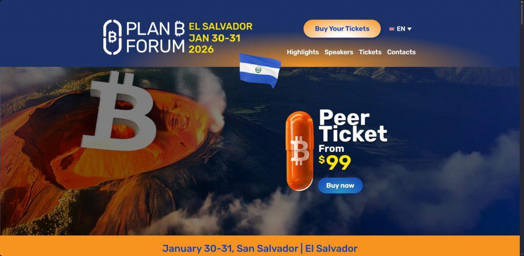 Plan B Forum event banner with Bitcoin logo and El Salvador flag, advertising tickets from $99